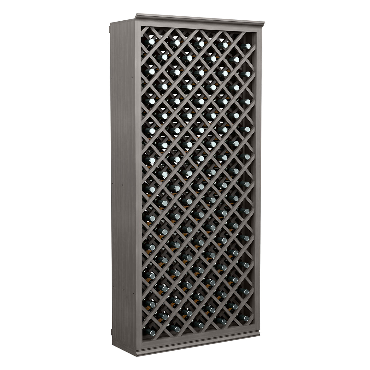 Wine bottle storage bin with diamond lattice and dark gray frame, holds bottles vertically