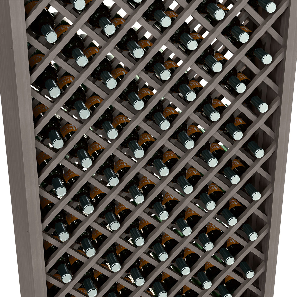 Wine bottle storage bin close-up with dark gray diamond lattice and multiple wine bottles