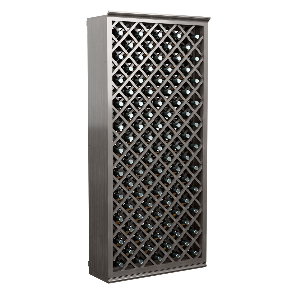 Wine bottle storage bin with diamond lattice and dark gray frame, front view