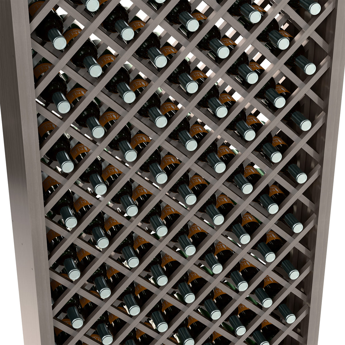 Wine bottle storage bin close-up with dark gray diamond lattice and wine bottles in rows