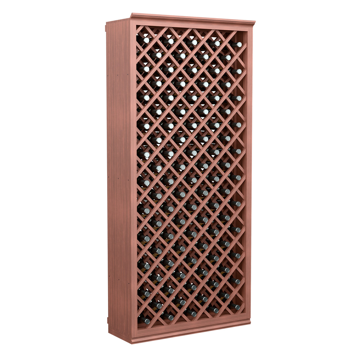 Wine bottle storage bin with diamond lattice and reddish wood frame, front view