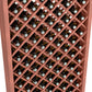 Wine bottle storage bin close-up with reddish diamond lattice and green-capped bottles