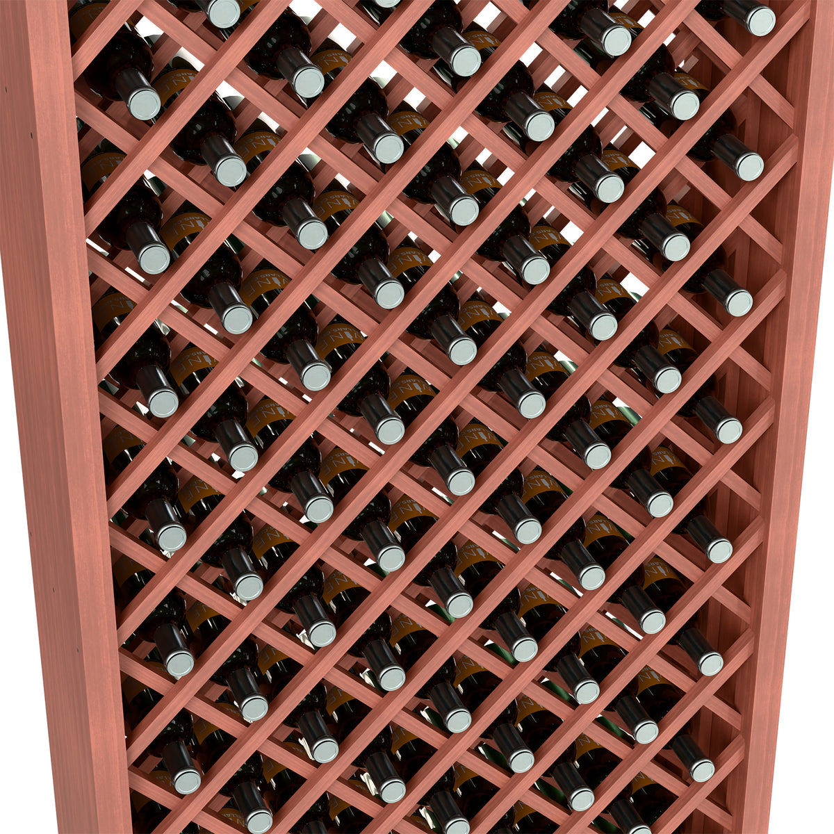 Wine bottle storage bin close-up with reddish diamond lattice and green-capped bottles