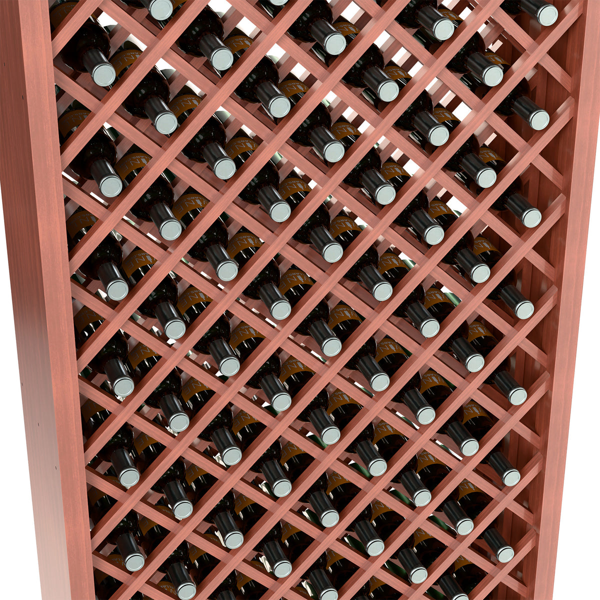 Wine bottle storage bin close-up with reddish diamond lattice and wine bottles