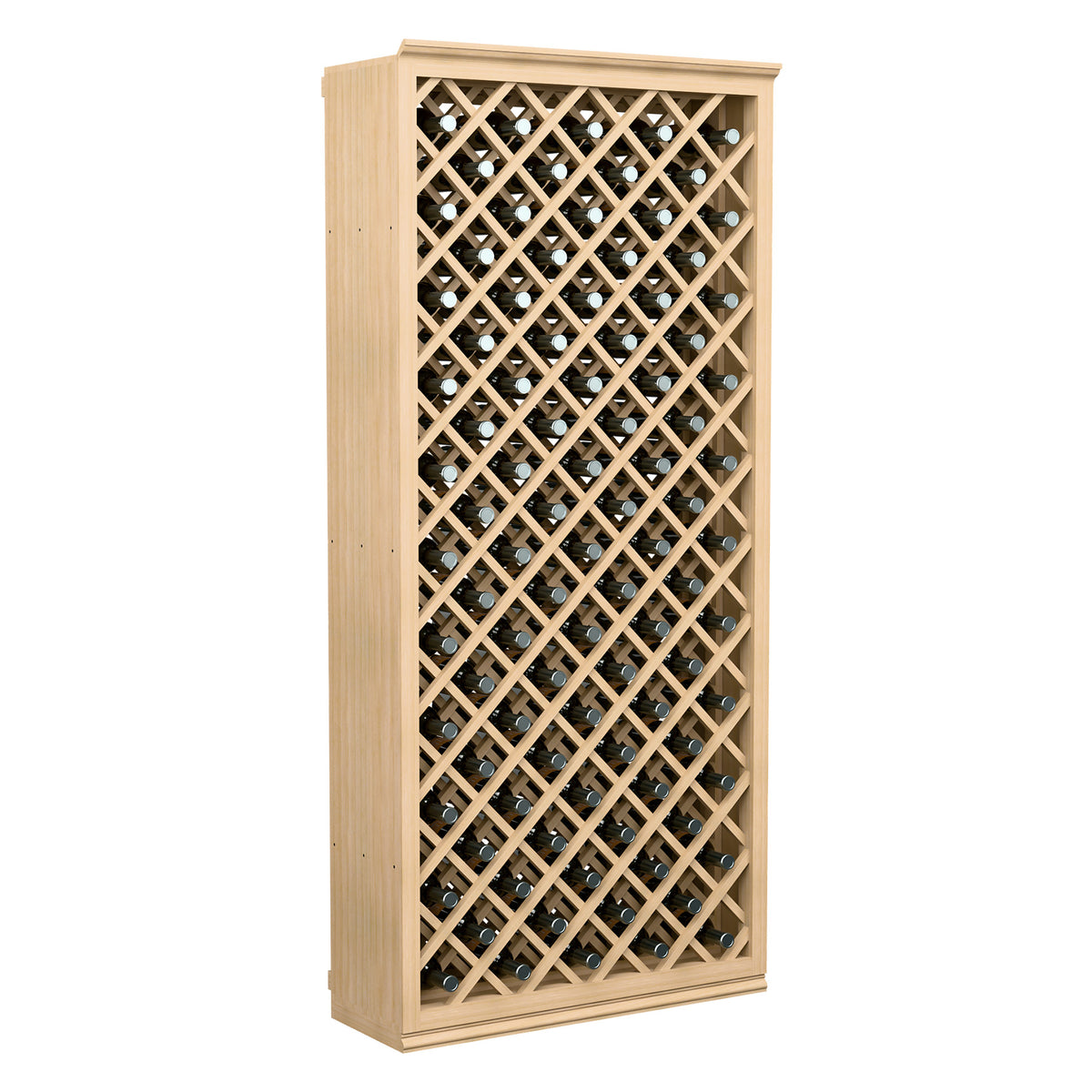 Wine bottle storage bin with diamond lattice and light wood frame, front view