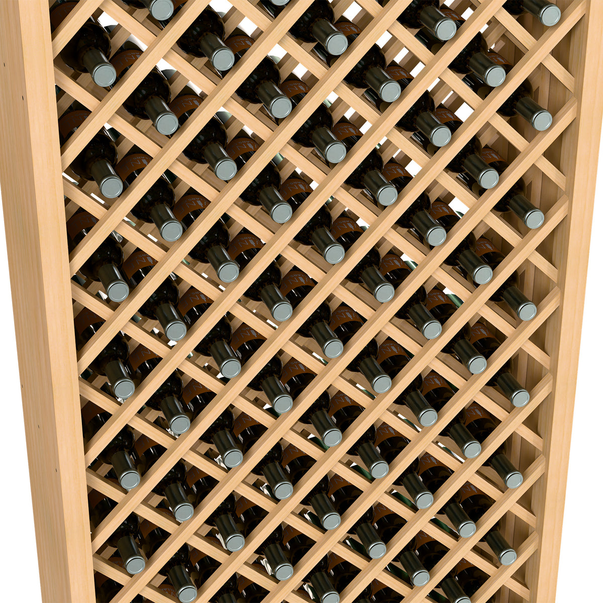 Wine bottle storage bin close-up with light wood diamond lattice and wine bottles