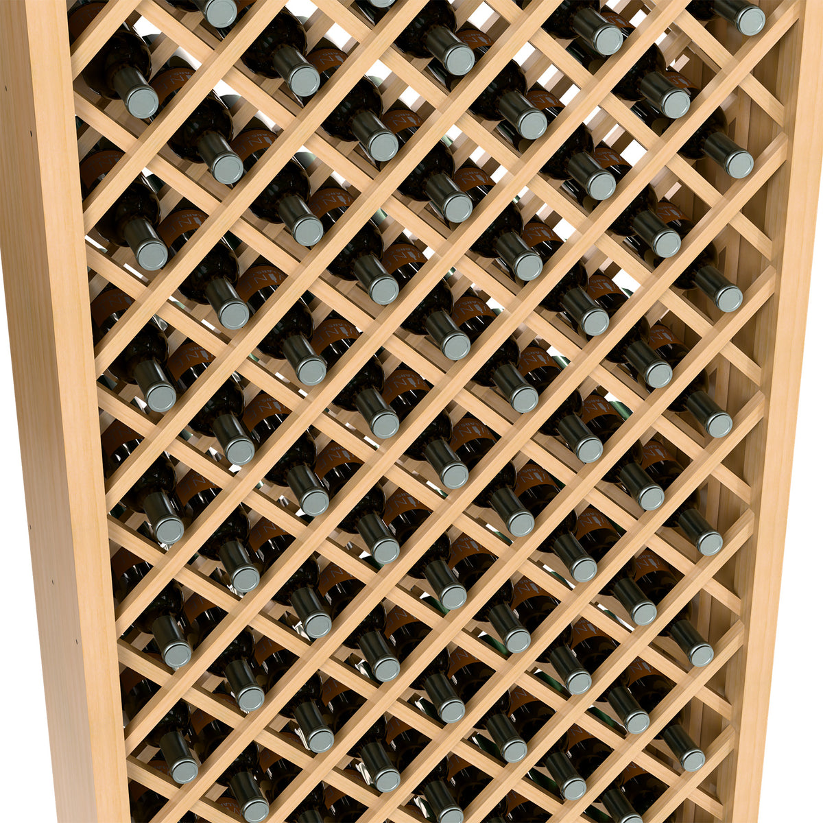 Wine bottle storage cabinet close-up with diamond lattice grid and bottles in rows