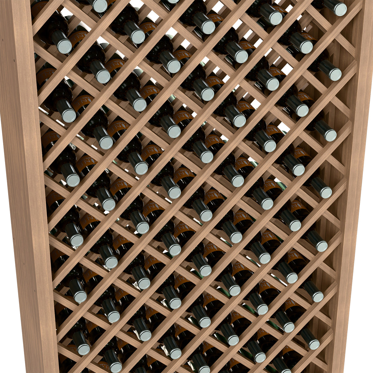 Diamond lattice wine bottle rack close-up with cork-topped bottles and light wood grid