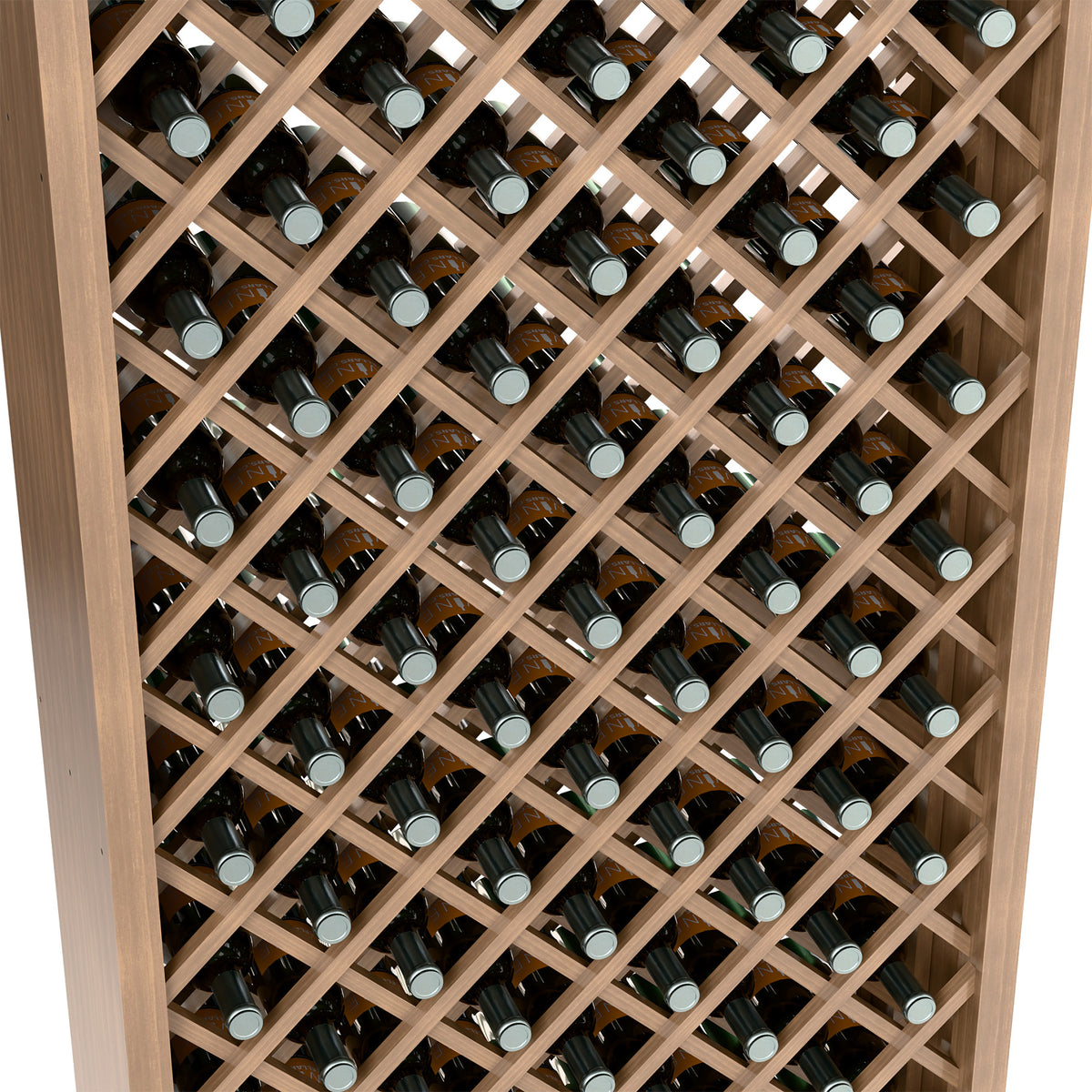 Close-up of wine bottle storage rack with diamond lattice and light-toned wood supports