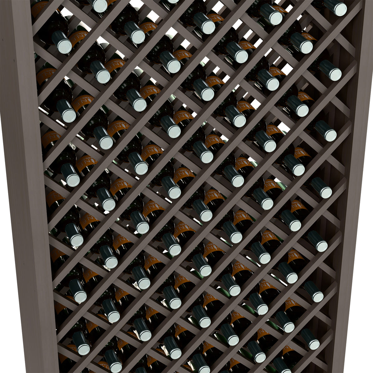 Wine bottle storage rack close-up with diamond lattice and cork-topped bottles in rows