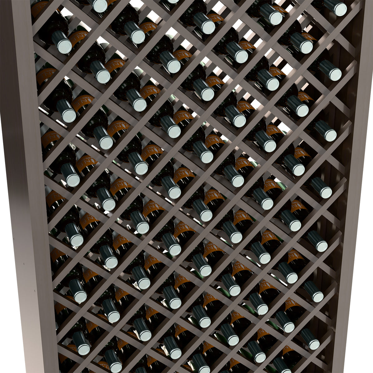 Close-up of wine bottle storage rack with diamond lattice and dark gray wood grid