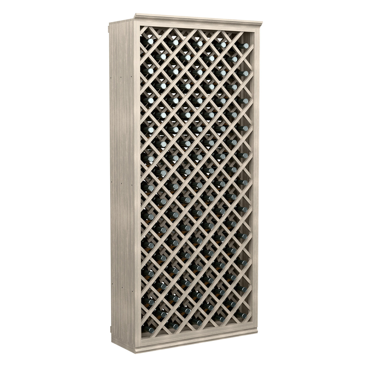 Grey-finished wood wine bottle cabinet with diamond lattice, holding bottles