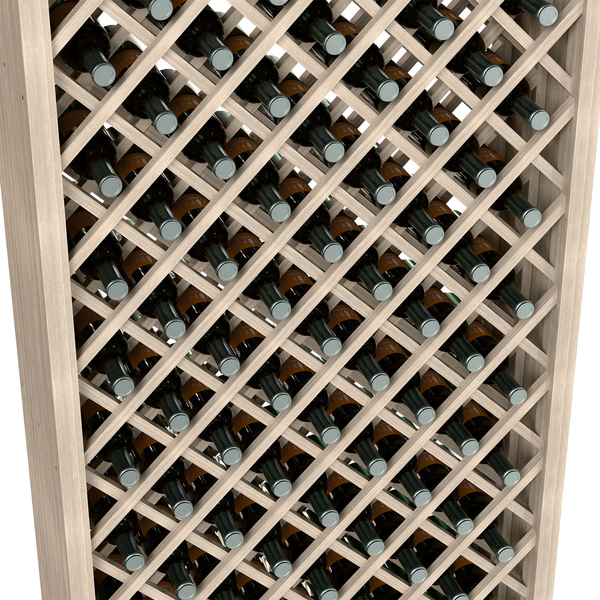 Close-up of wood wine bottle cabinet with diamond lattice and bottle necks