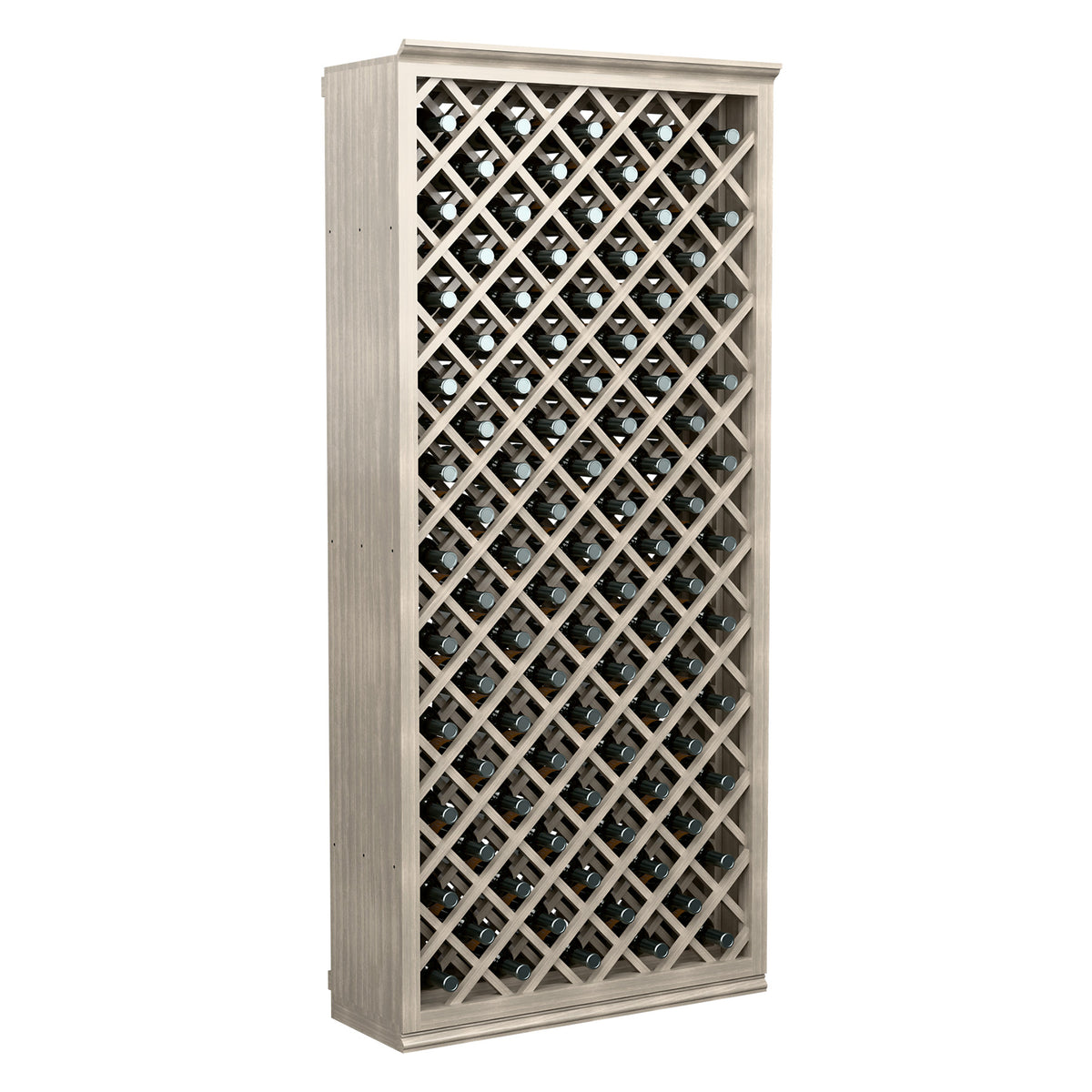 Tall grey wood wine bottle storage cabinet with diamond crisscross rack