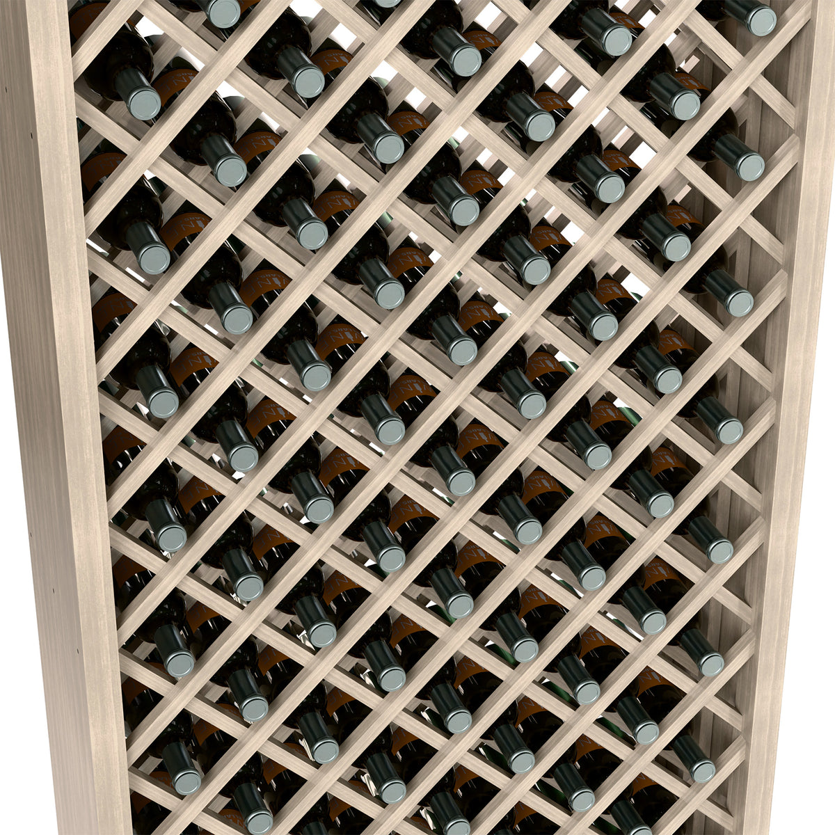 Close-up view of diamond lattice wine bottle cabinet with rows of bottles