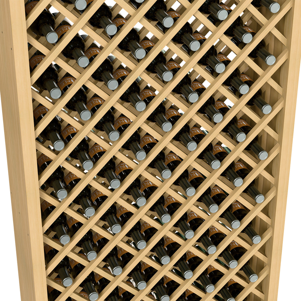 Close-up of light wood wine bottle cabinet with diamond lattice and bottles
