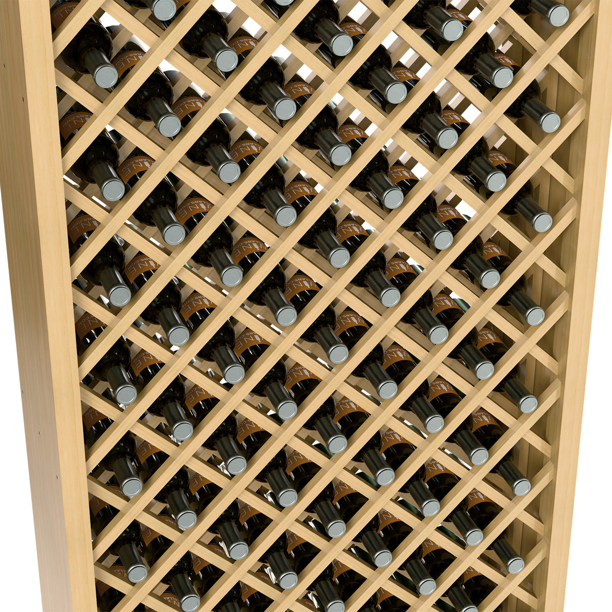 Close-up of diamond lattice wine bottle cabinet with many bottles in rows