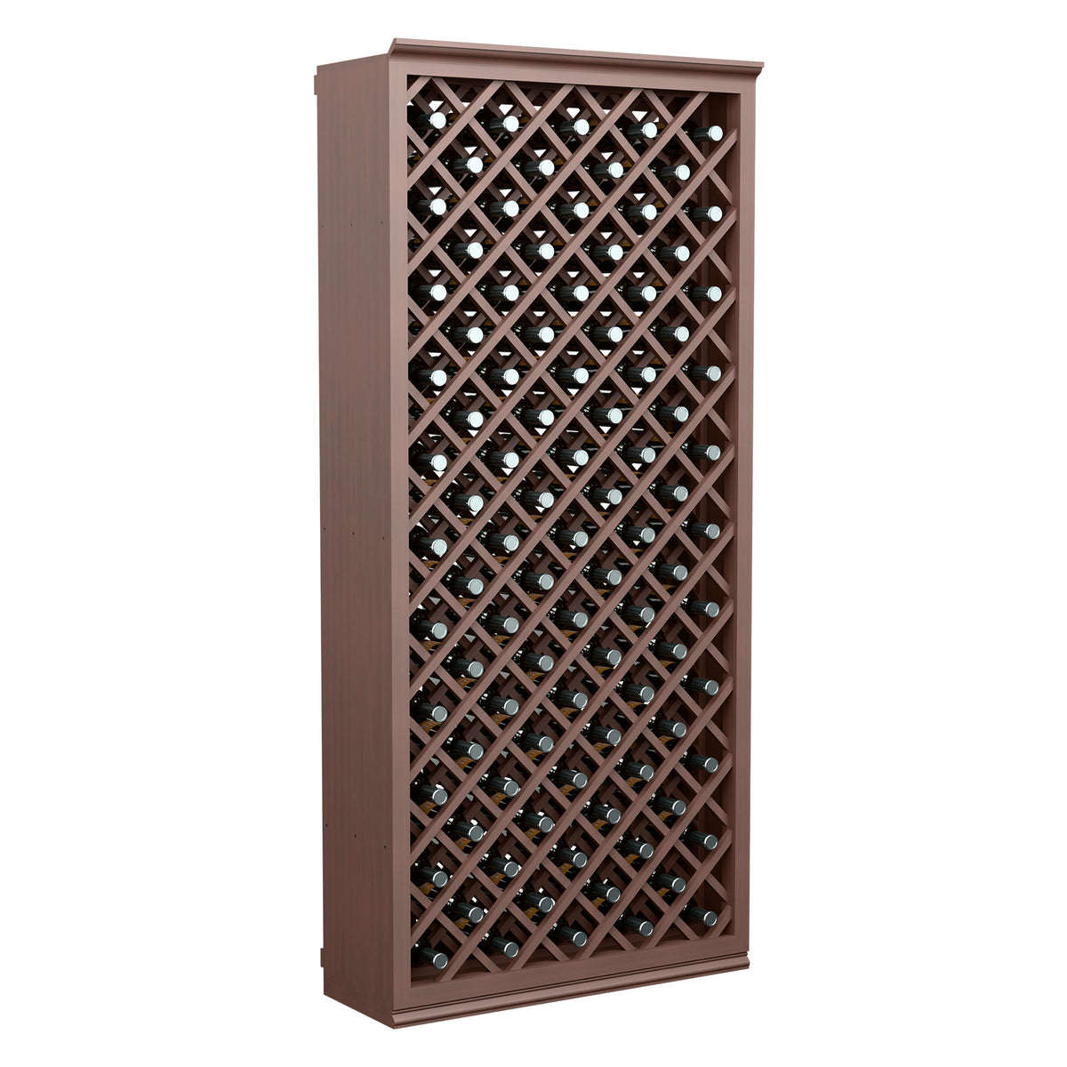 Brown stained wood wine bottle cabinet with diamond lattice, holding bottles