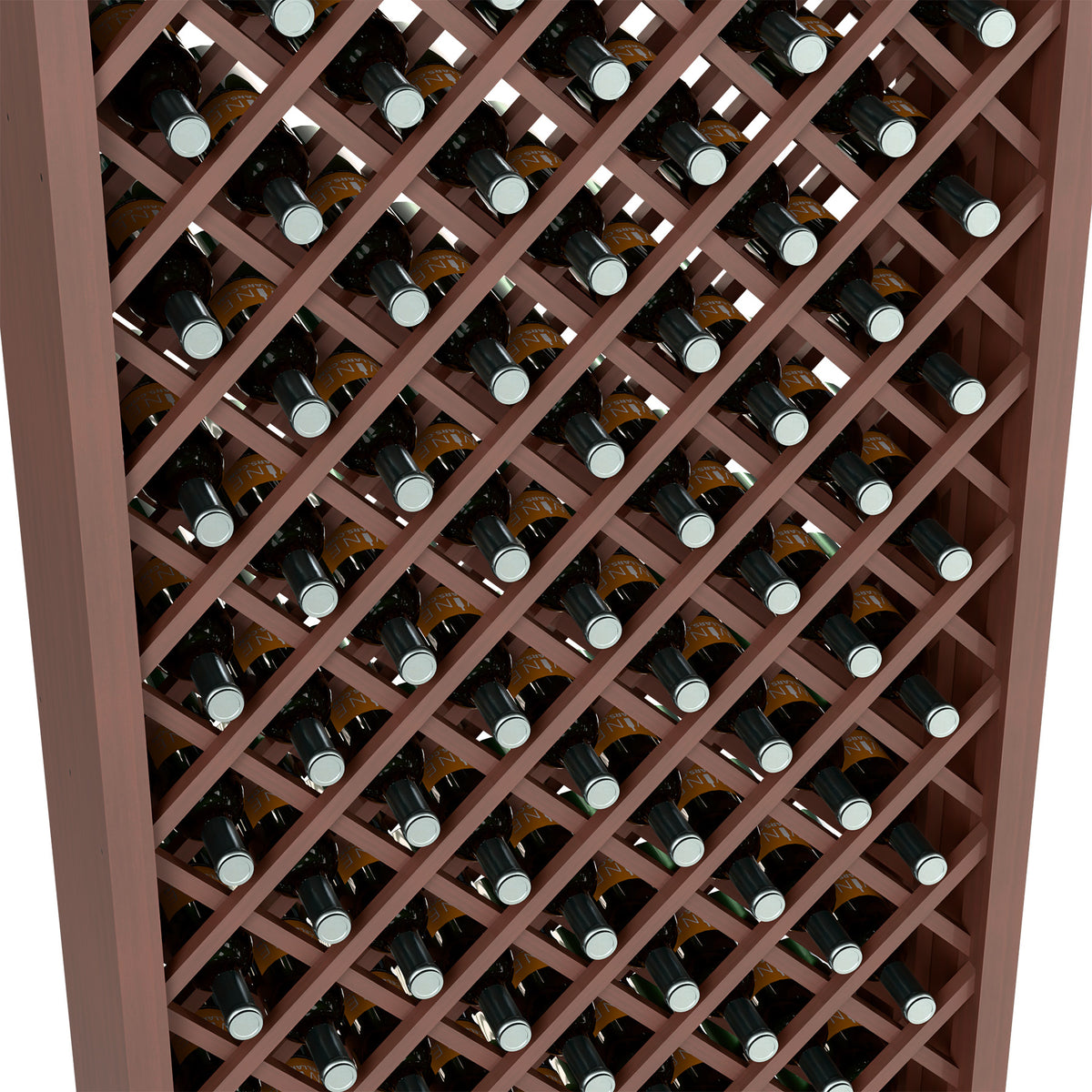 Close-up of brown wood wine bottle cabinet with diamond lattice and bottle tops