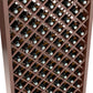 Close view of dark wood wine bottle rack with diamond crisscross dividers and bottles