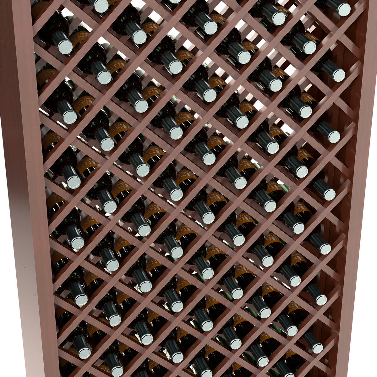 Close view of dark wood wine bottle rack with diamond crisscross dividers and bottles