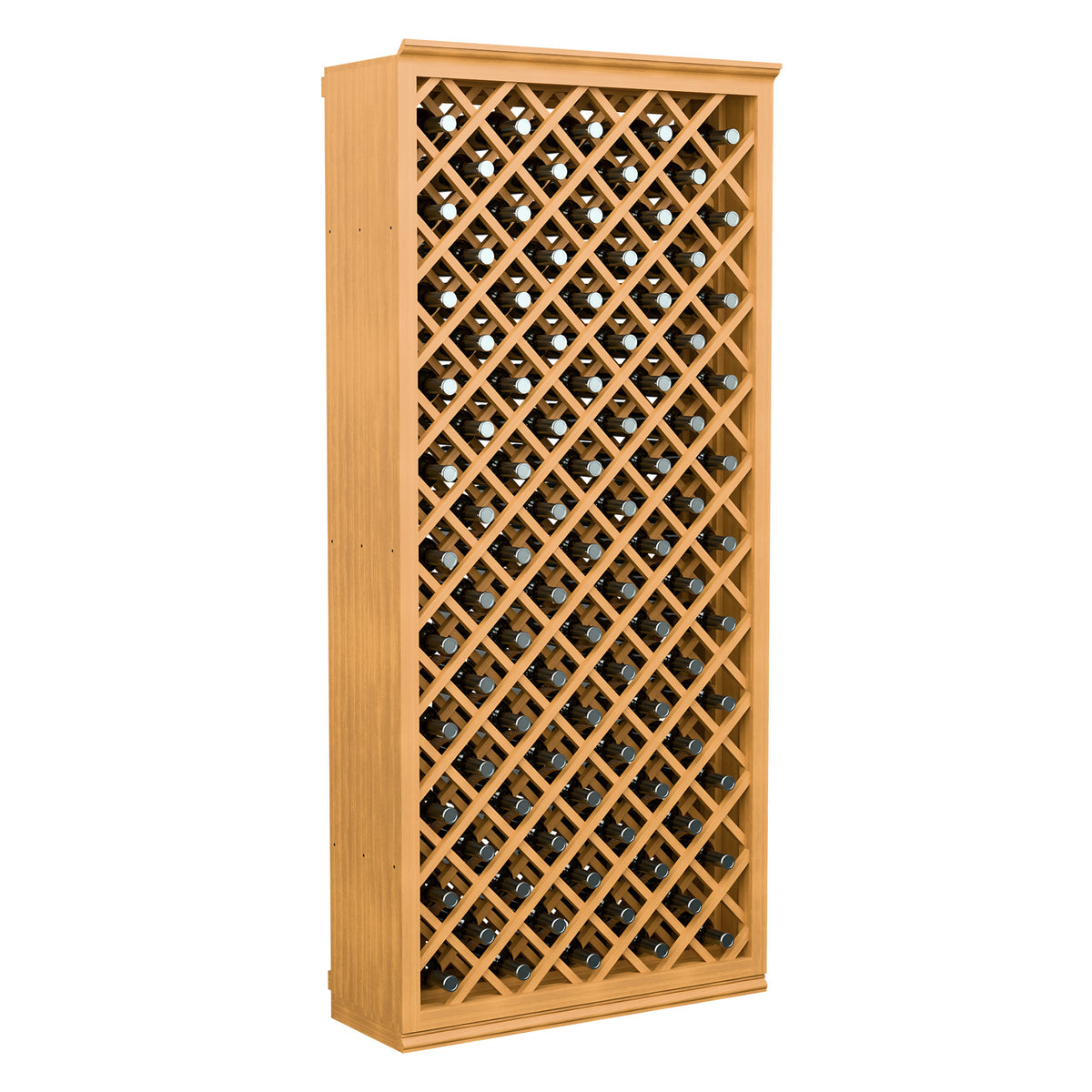 Light wood wine bottle storage cabinet with diamond crisscross lattice and bottle slots