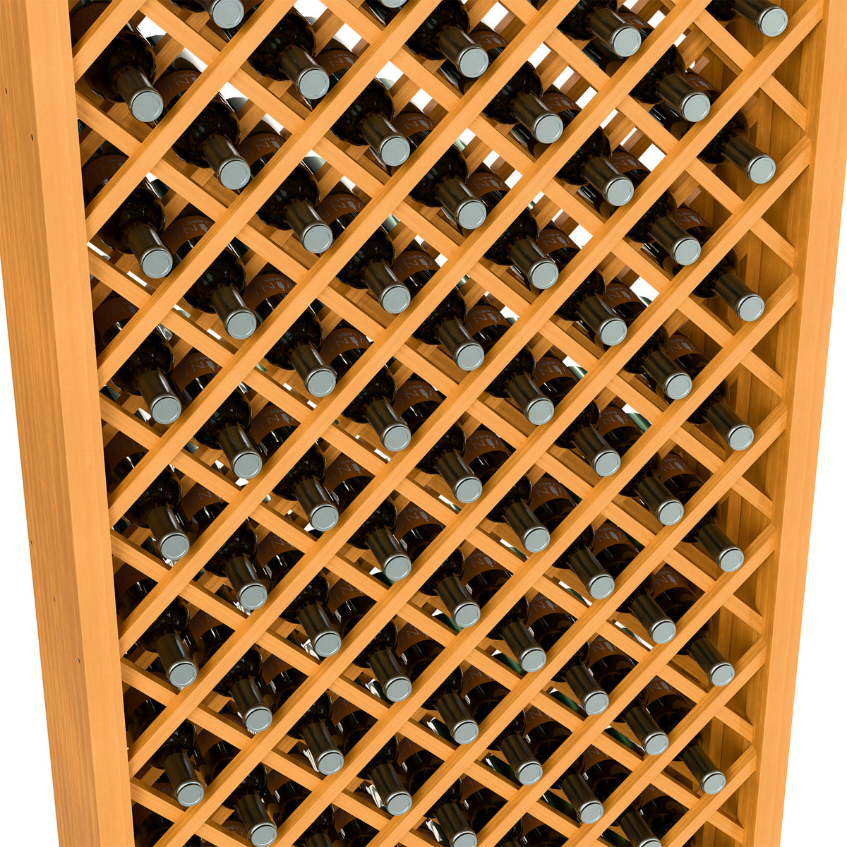 Close view of light wood diamond crisscross wine bottle rack with bottle slots