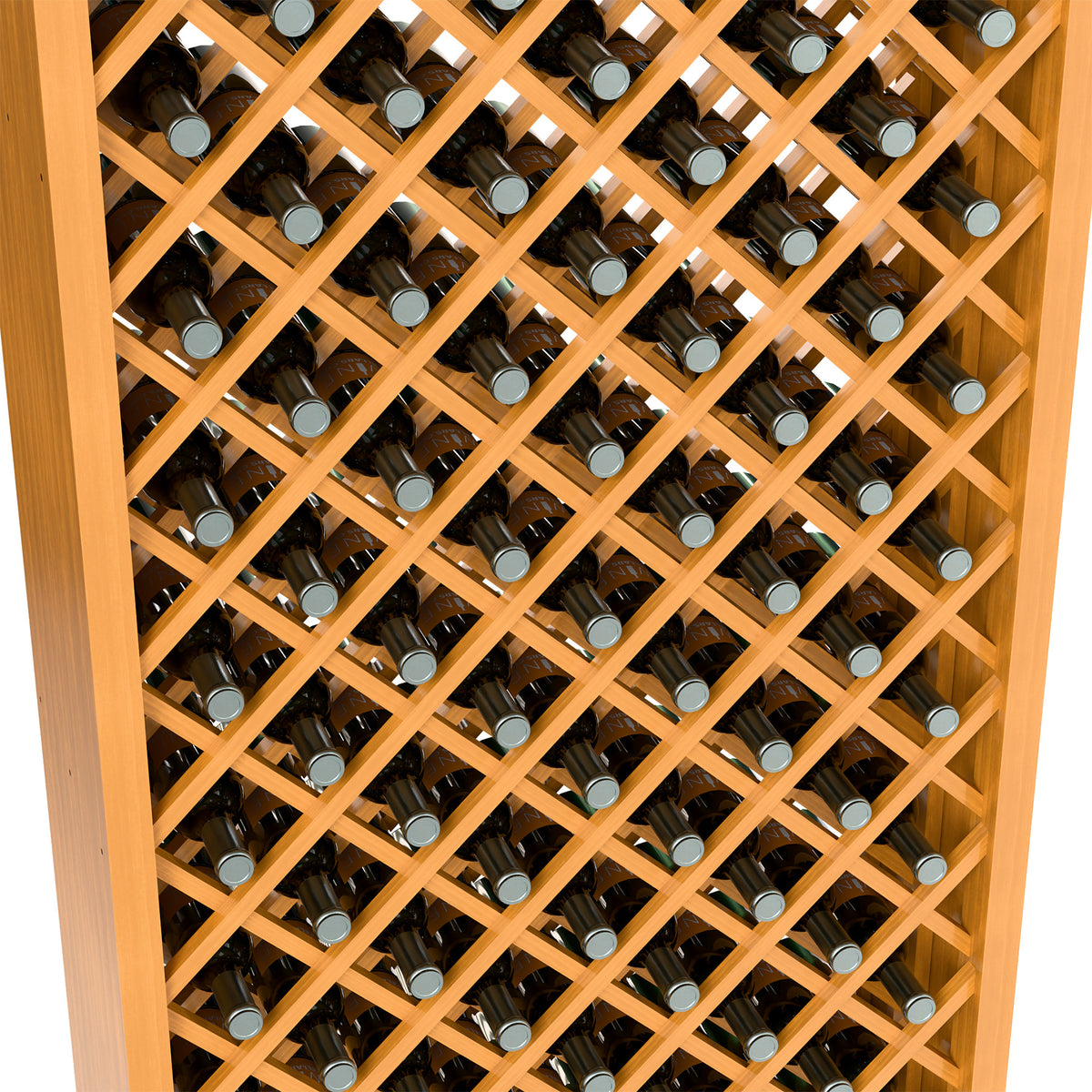Close view of natural wood wine bottle rack with diamond lattice and stored bottles