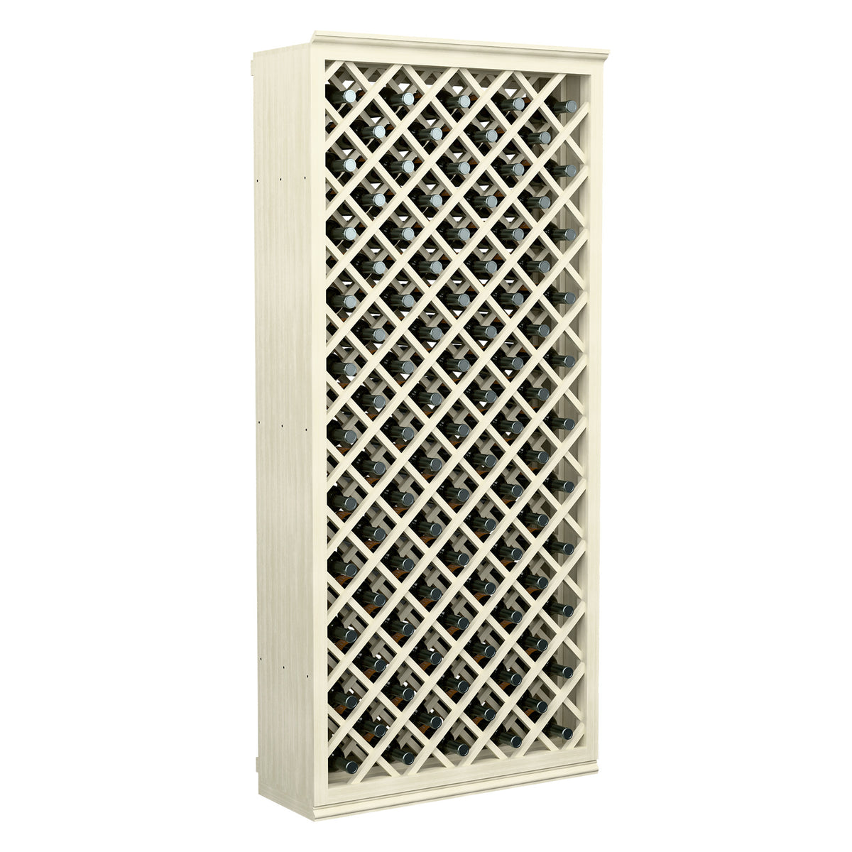 White wine bottle storage cabinet with diamond crisscross lattice and bottle slots
