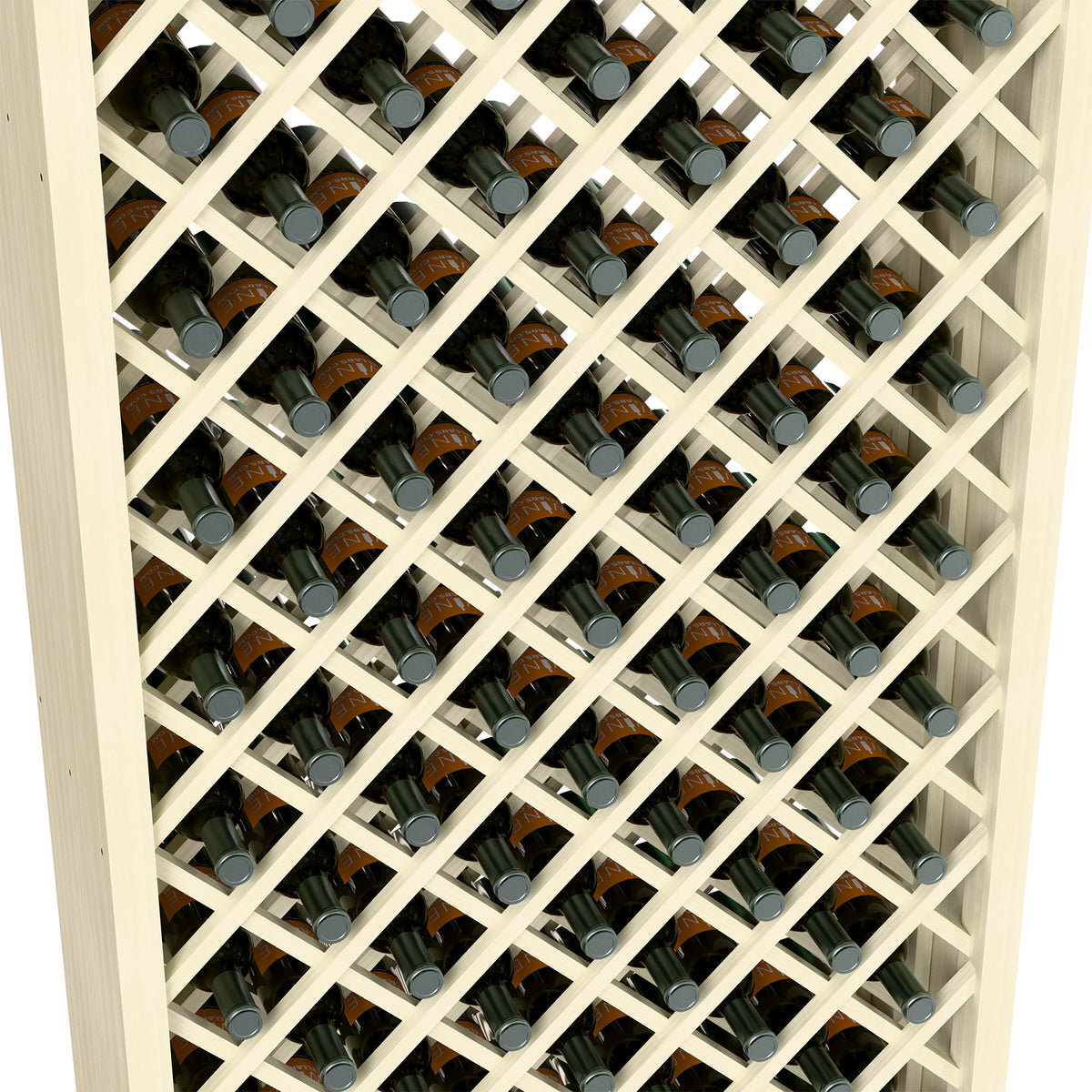 Close view of white wine bottle rack with diamond crisscross lattice and bottles