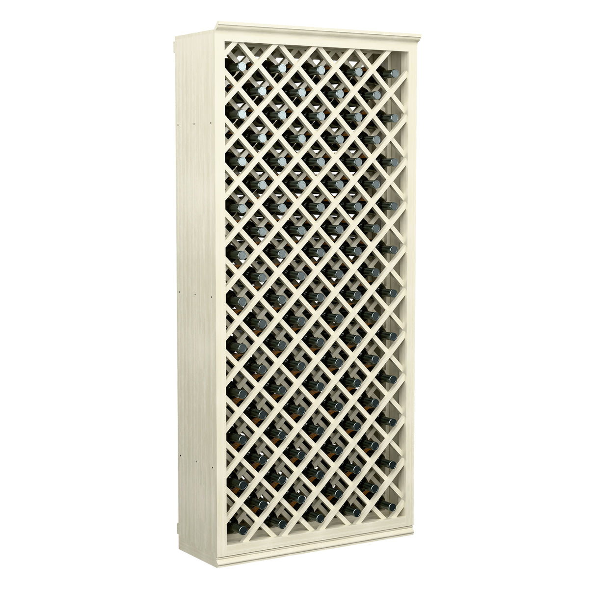 White painted wine bottle cabinet with diamond lattice front and bottle storage