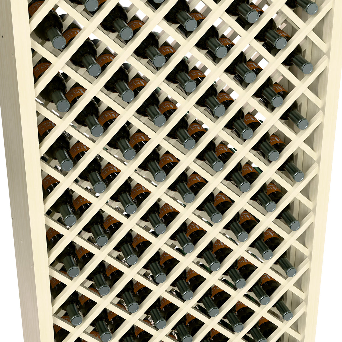 Close view of white-painted diamond wine bottle rack with lattice dividers and bottles