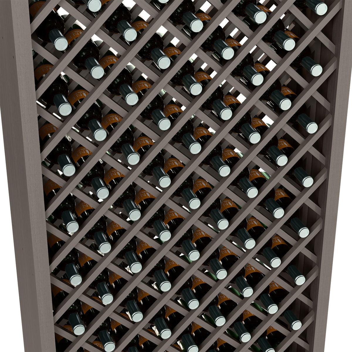 Diamond lattice wine bottle cabinet with bottle necks and green glass bottles