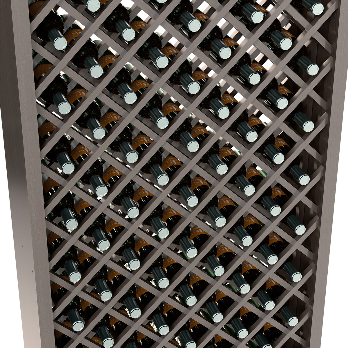 Close view of diamond lattice wine rack with bottles in wooden cabinet