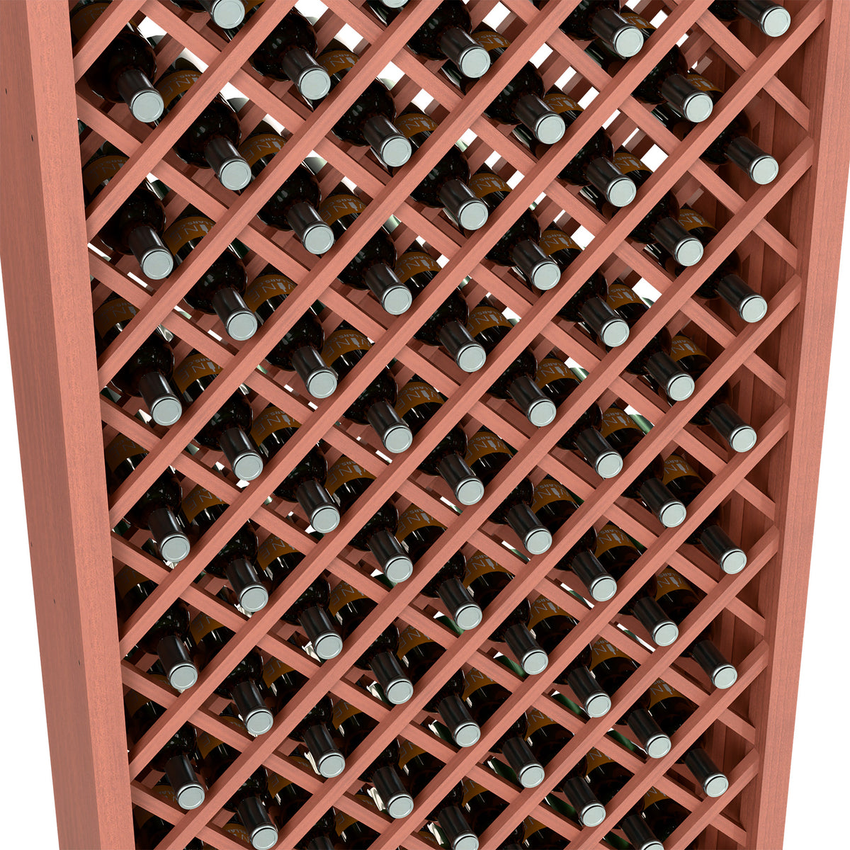 Diamond lattice wine bottle cabinet with bottles arranged in wooden grid