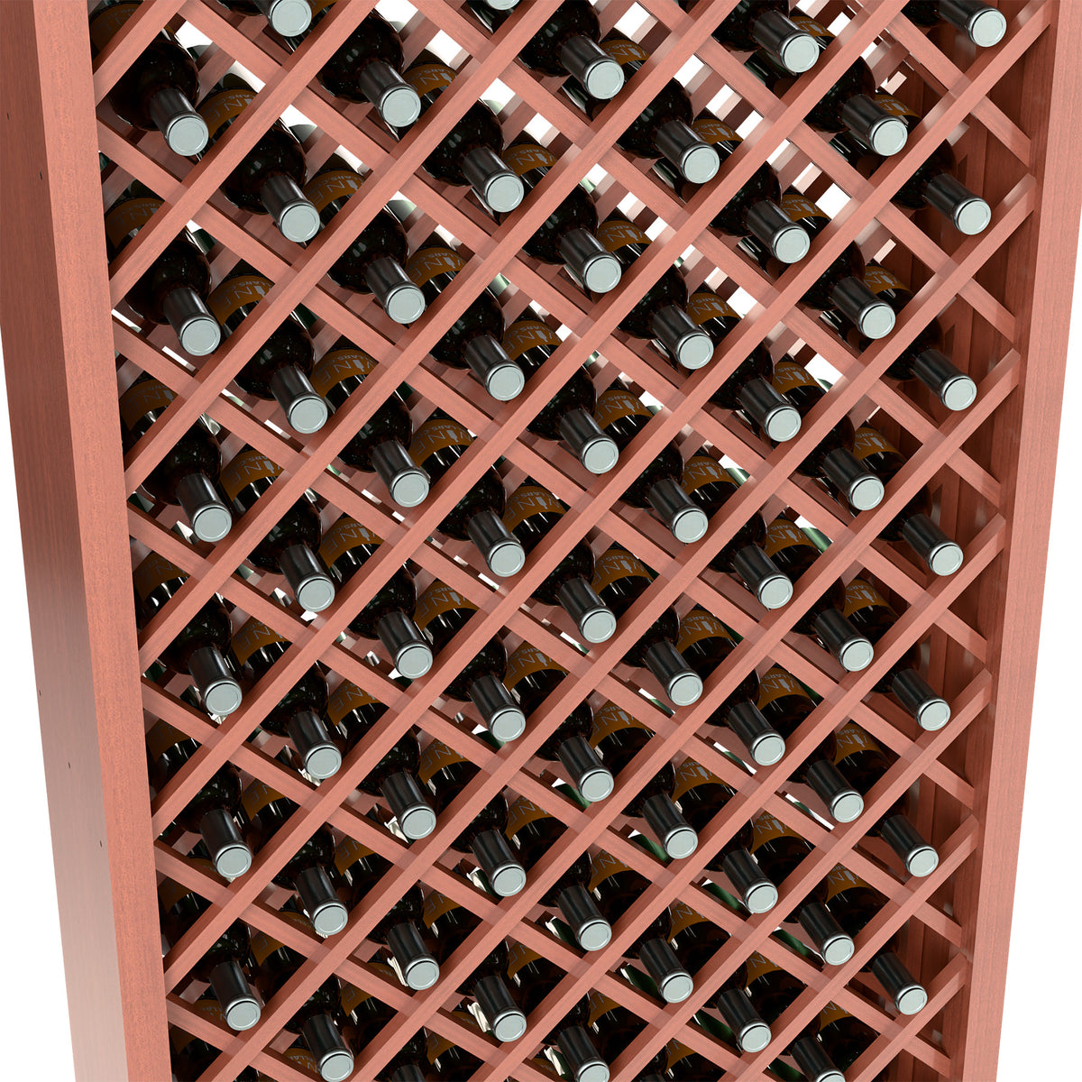 Close-up of diamond lattice wine rack with bottles in red-toned wood frame
