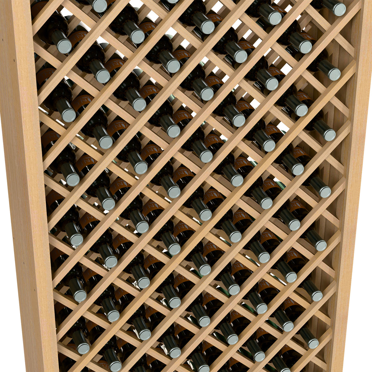 Diamond lattice wine bottle cabinet with bottles in light wood grid