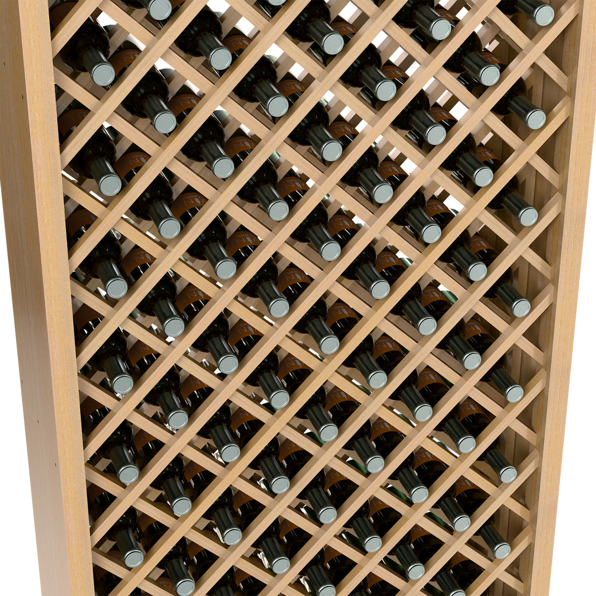 Close-up of wine bottles in diamond lattice slots on a light wood 6-ft bin