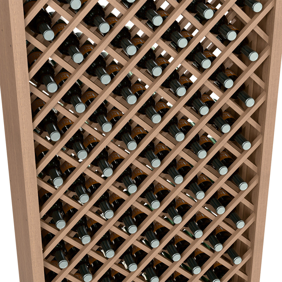 Close-up of bottles arranged in diamond lattice on a light wood wine bin