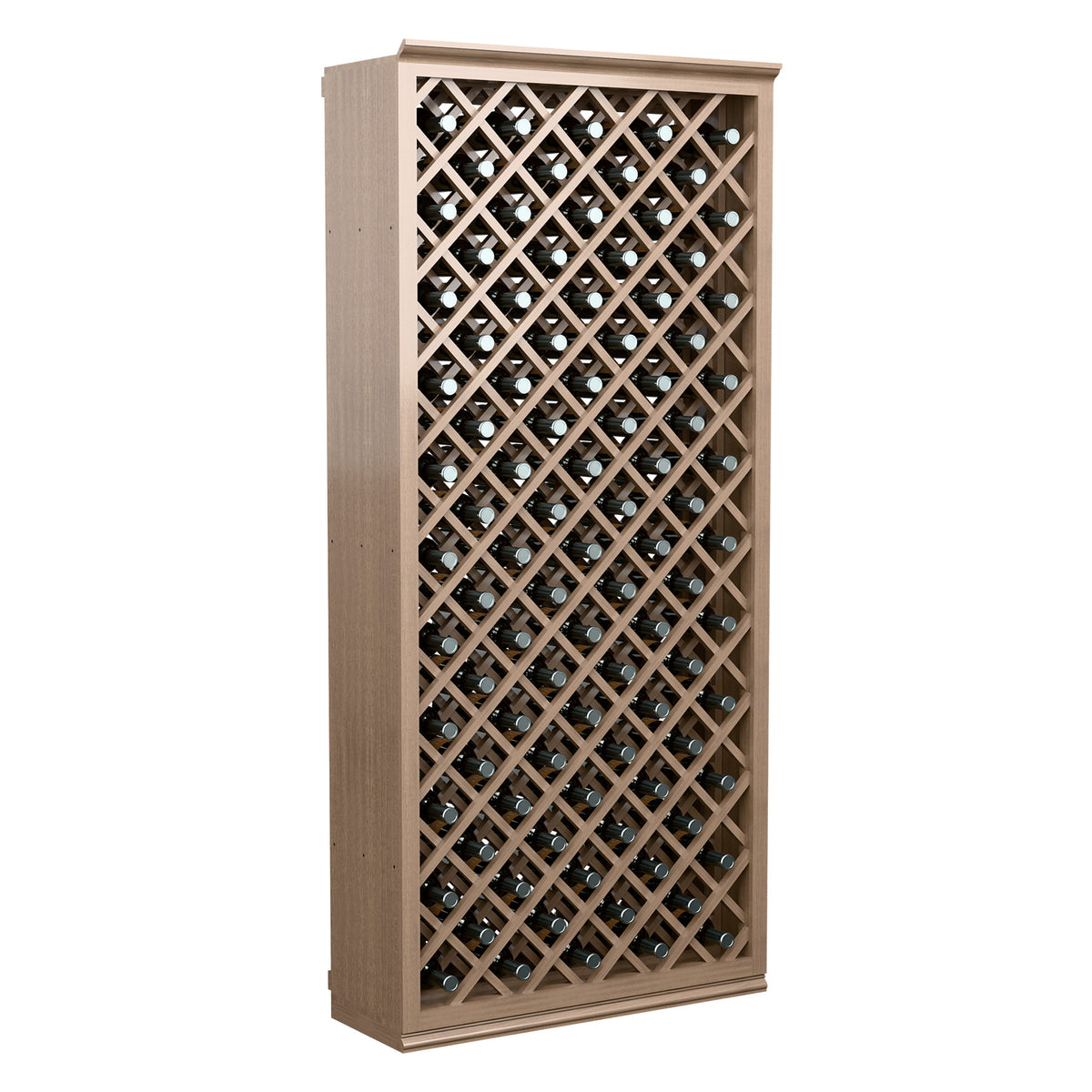 Light wood wine bottle rack with diamond lattice front, tall 6-ft bottle bin