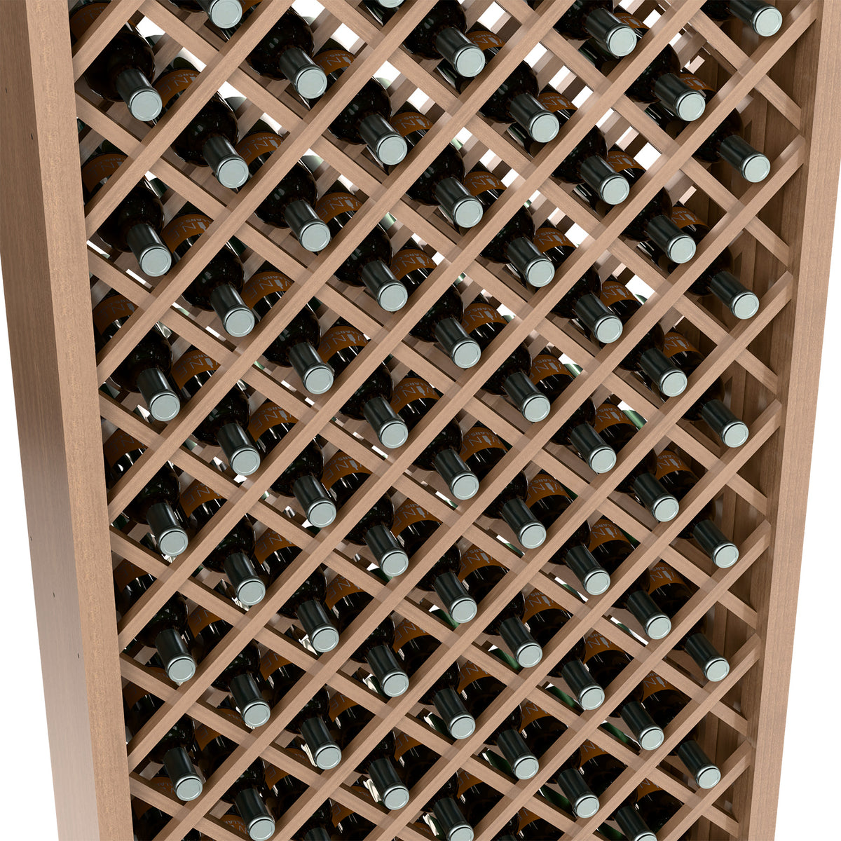 Close-up view of wine bottles in a diamond lattice on a light wood bin