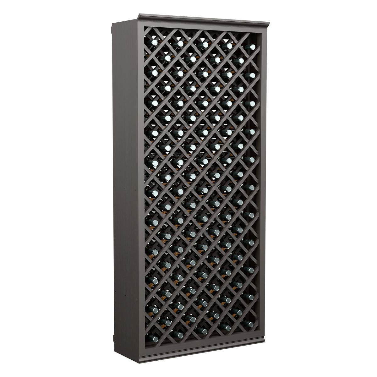 Dark stained wine bottle rack with diamond lattice front, tall 6-ft bottle bin