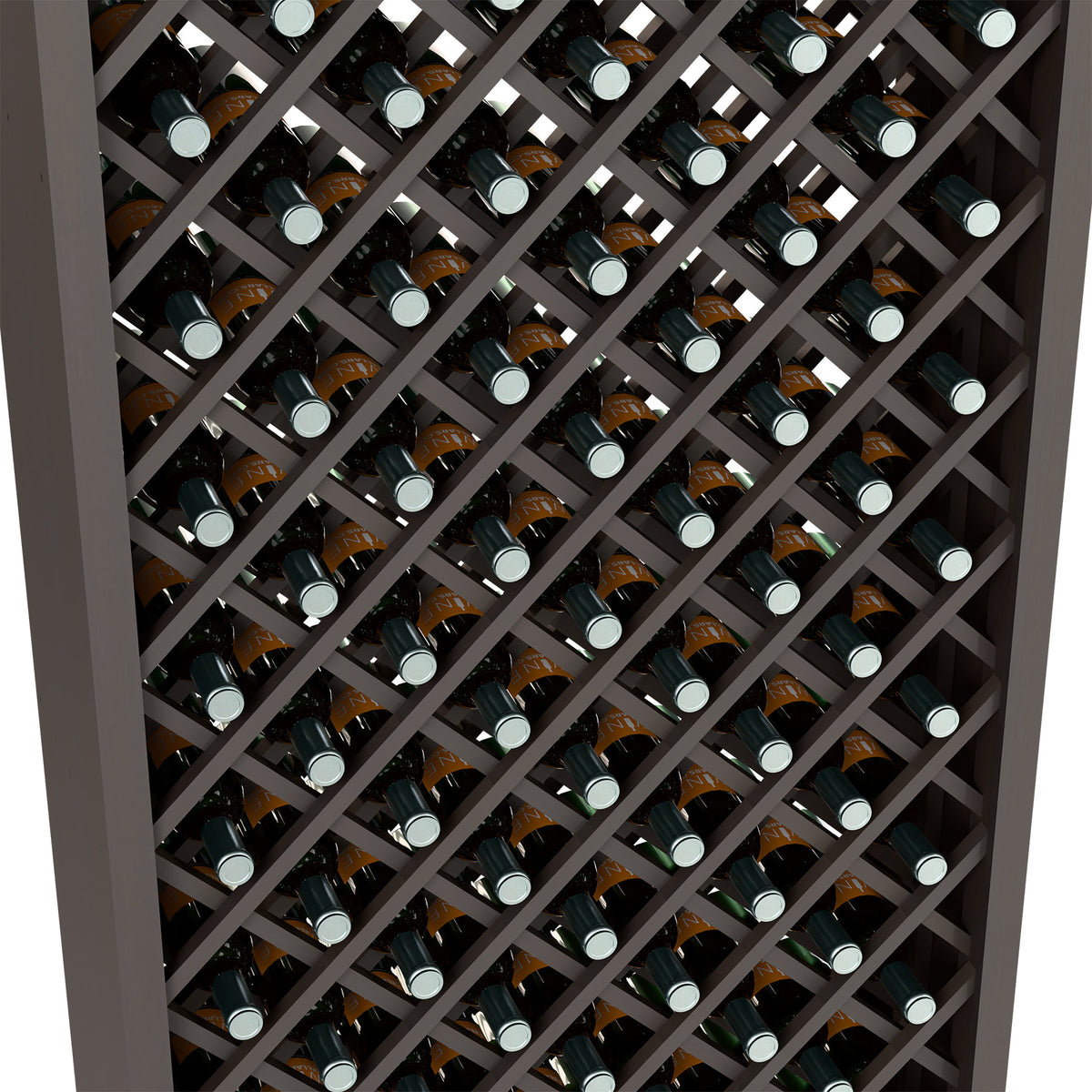 Close-up of bottles in diamond lattice slots on a dark stained wine bin