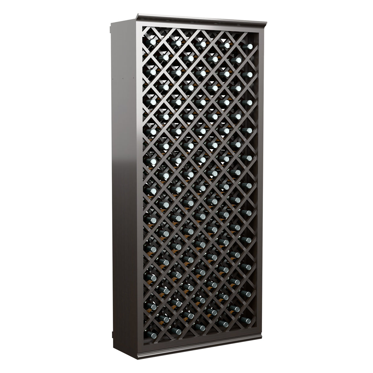Dark stained wine bottle rack with diamond lattice front, tall bottle storage