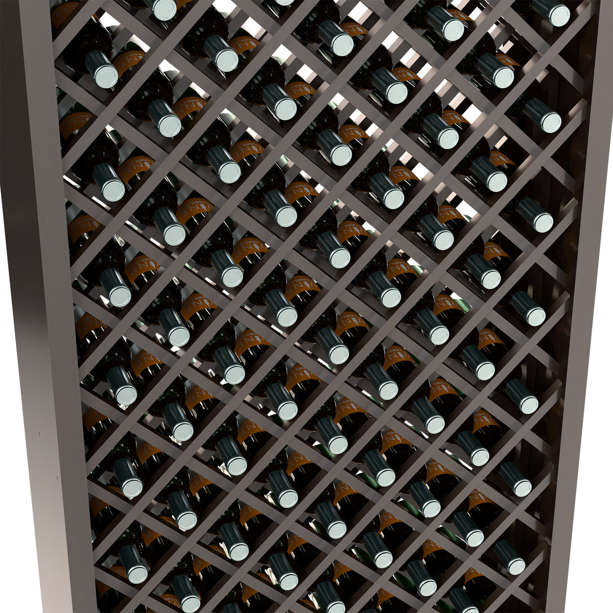 Close-up of wine bottles arranged in diamond lattice on a dark stained bin