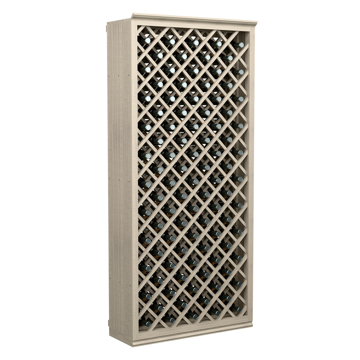 Wine bottle storage bin with diamond lattice front, holding bottles behind open grid