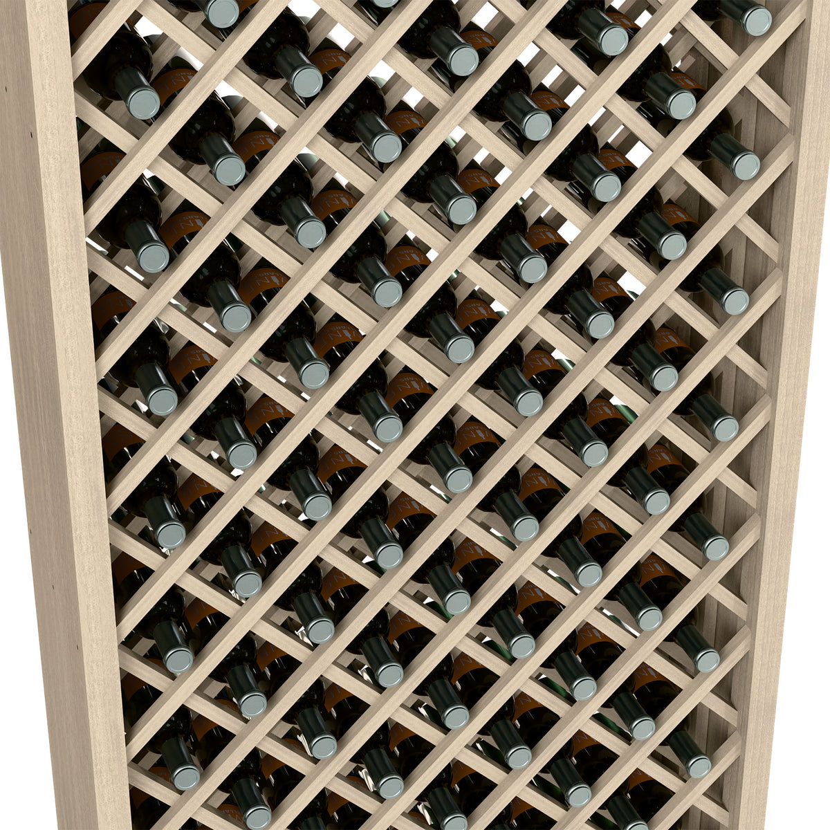 Wine bottle bin interior with crisscross diamond lattice and bottle necks visible