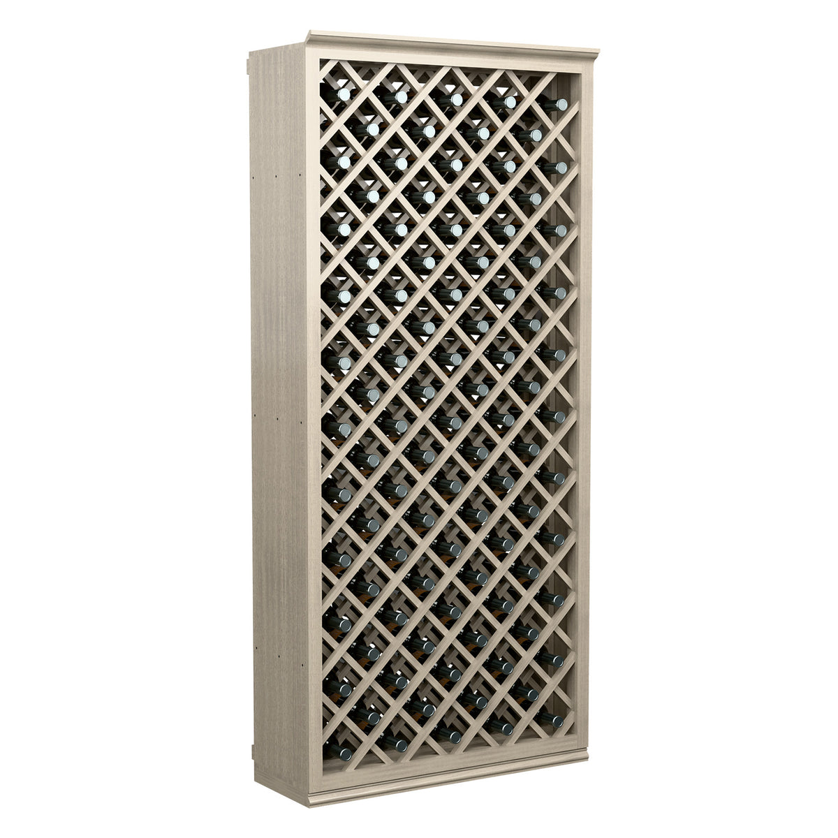 Wine bottle storage bin with diamond lattice front and bottle slots, dark stained finish