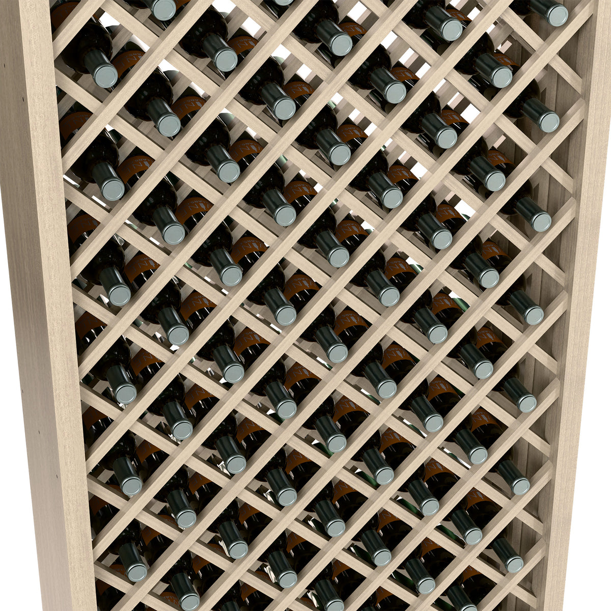 Wine bottle bin interior view with diamond lattice rows and capped bottles on racks