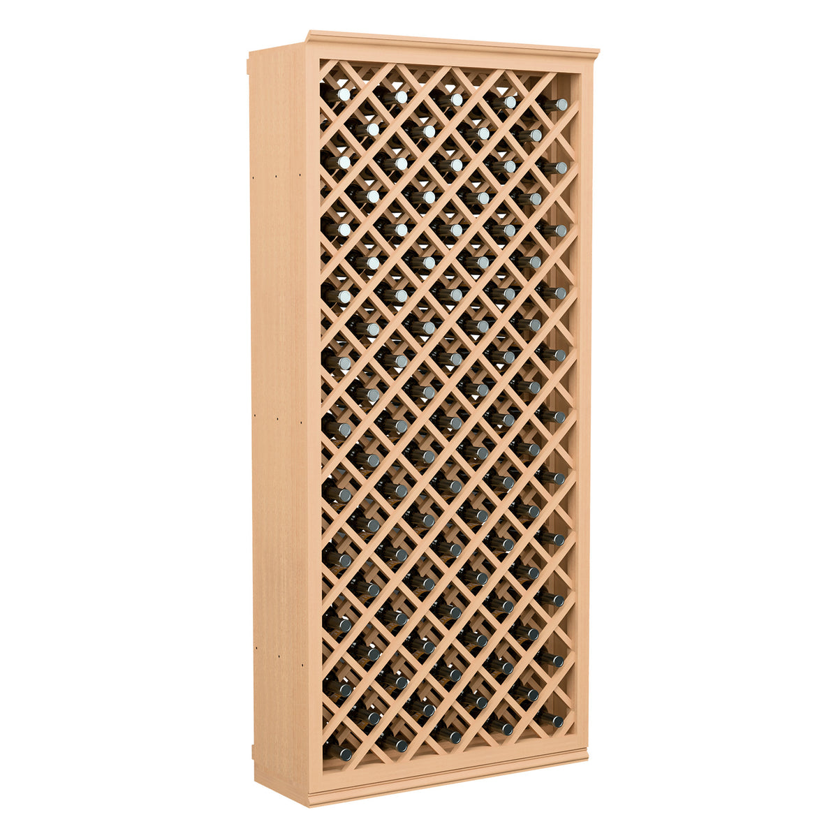 Wine bottle storage bin with diamond lattice front, light wood finish, bottle slots
